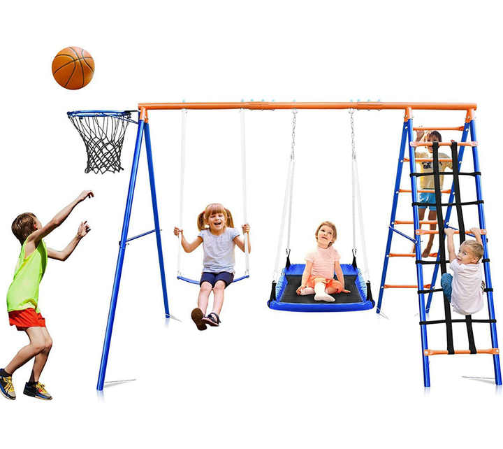 Kids Outdoor Swing Set With Slide - 3-in-1 Kinderspeelset met schommel, glijbaan en